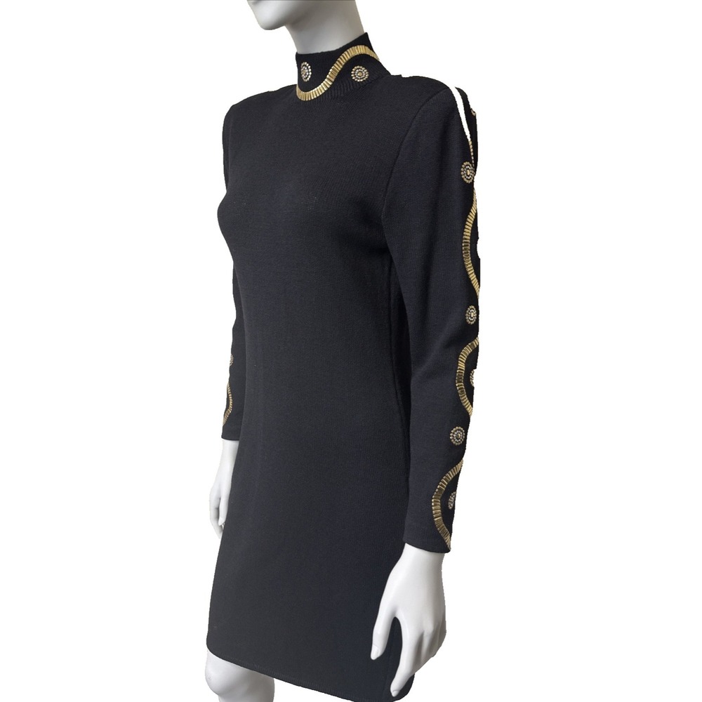 Vtg ST John Santana Knit Dress 6 Black Gold Embellished Cocktail 90s Old Money - Picture 4 of 13